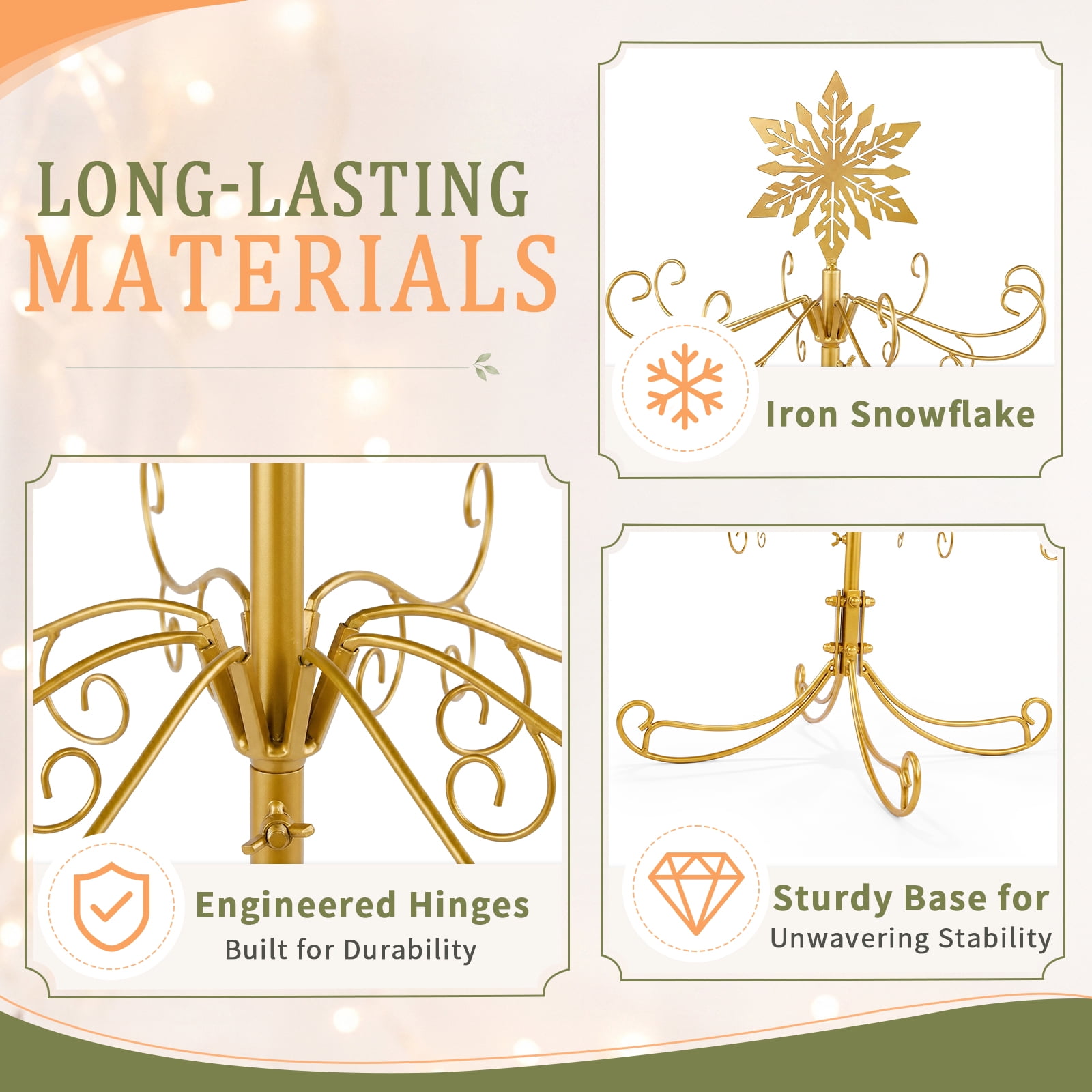 Astoutdoor 6 ft Gold Iron Christmas Tree with Snowflake Top, PVC Everyday Decor Tree, No Accessories Included