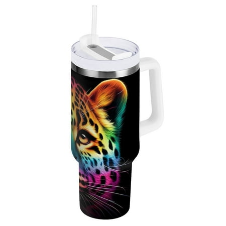 

JSTEL Leopard Portrait Rainbow Color 40 oz Tumbler Stainless Steel Water Bottle Vacuum Insulated Cup with Straw Lid & Handle For Travel Car Cup Holder