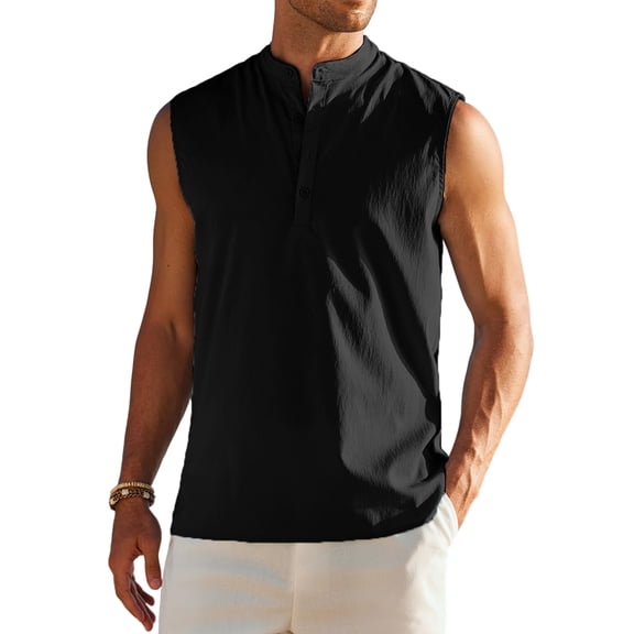 Men's Sleeveless Henley Tank Top Summer Beach Tank Tops Collarless Casual Cruise Dress Shirt Black S