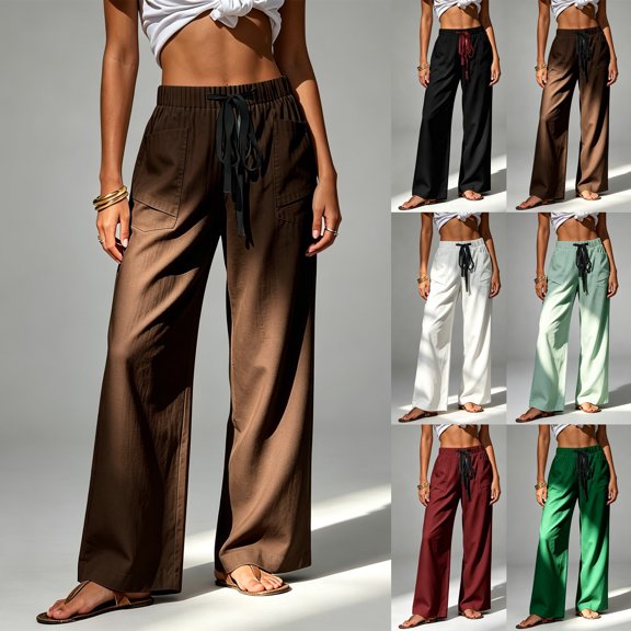 Women's Casual Mid Waist Wide Leg Pants, Elastic Drawstring Waist Loose Casual Trousers Solid Color with Pockets for Summer Beach | TruBelle,Black L