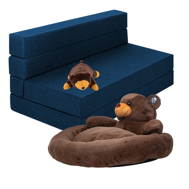 Sillón Plegable Matrimonial Atlas Azul Marino + Cama para Perro y Peluche de Oso