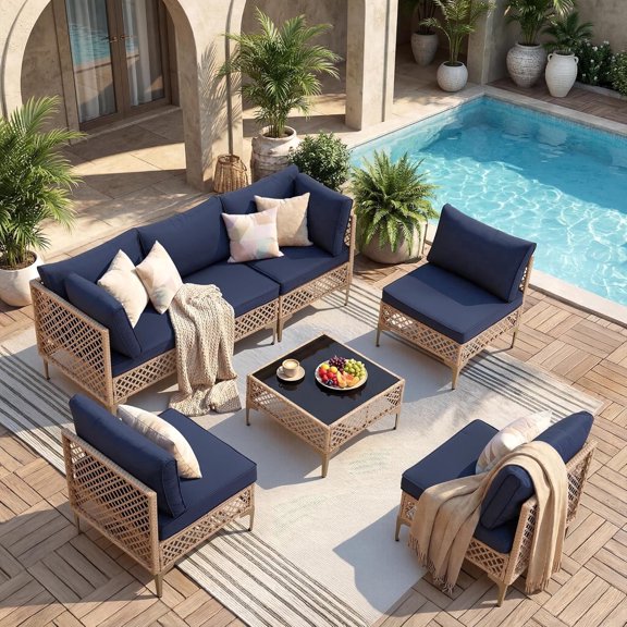 Ainfox 7-Piece Wicker Patio Furniture Set, 1000h UV-Resistant Rattan Sectional with 3.35" Thick Cushion & Tempered Glass Coffee Table, Blue for Porch/Backyard