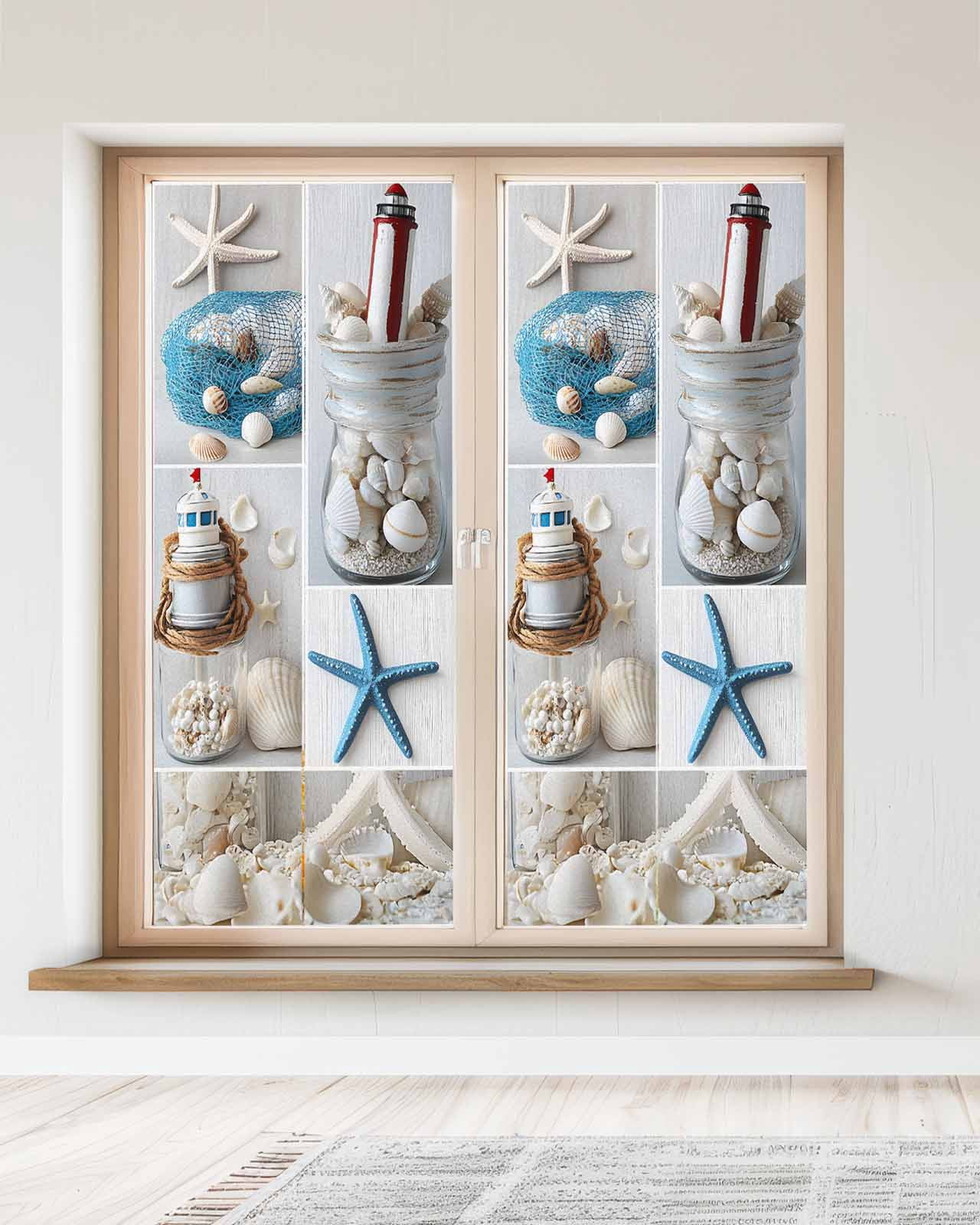 Window Privacy Film Starfish Stained Glass Window Film Decorative Sun Block Window Cover Ocean Shell Coastal Nautical Flag Light-house Window Clings Static Adhesive Sticker for Bathroom 23.6"x59"