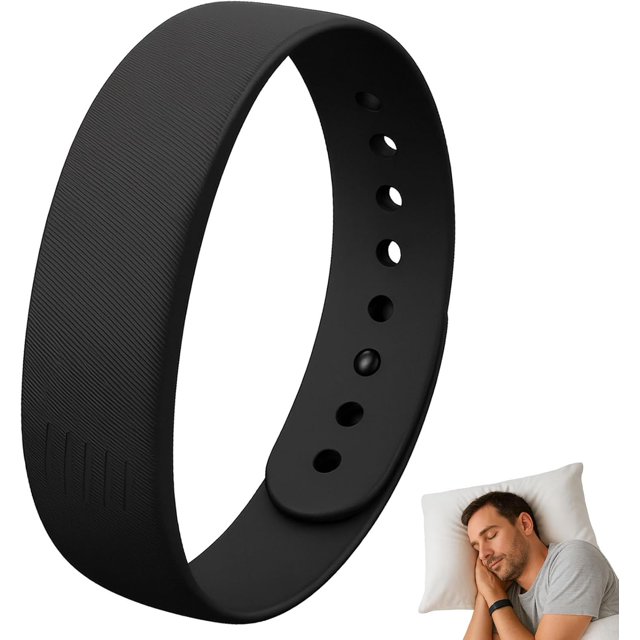 Bracelet Réveil Rise, un Bracelet Vibrant Silencieux Conçu pour les Gros Dormeurs et les Sourds. le Bracelet Noir Ajustable Convient aux Tailles de Poignet de 12 à 19 cm et Présente un design Lisse et Léger pour un Port Nocturne Confortable. l'Image Montre un Gros Plan du Bracelet avec une Finition Texturée et de Multiples Trous de Réglage, aux Côté d'Une Personne Qui Dort en Portant le Bracelet. Idéal pour des Réveils Paisibles Sans Déstresser les Autres, Il Convient aux Voyages, aux Espaces Partagés et à l'Usage Quotidien.