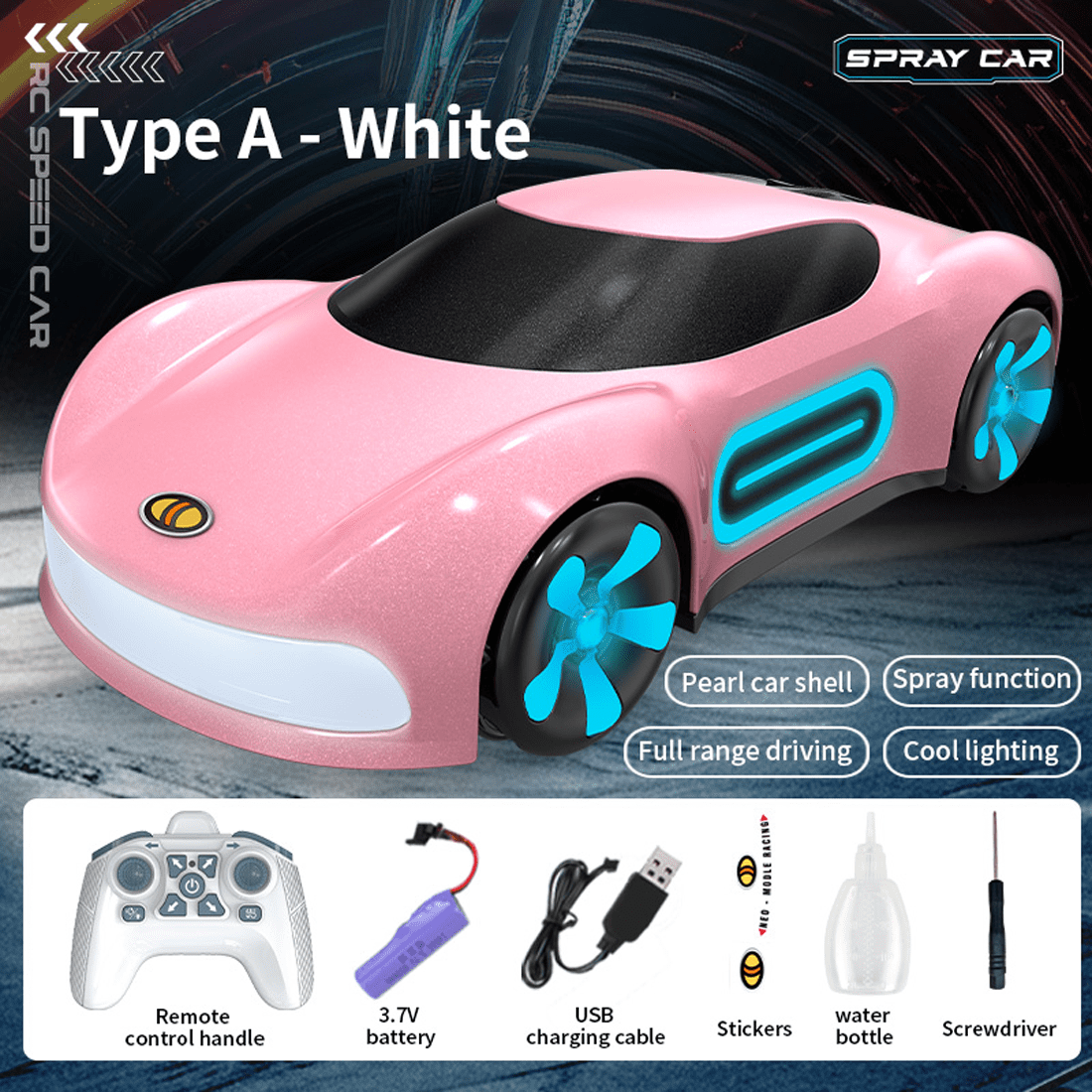 Q206 New Energy Concept RC Car, Smart Spray Light Sports Car Toy with 3.7V 1200mAh Battery, 2.4G Remote Control , Music & LED Effects – For Adults
