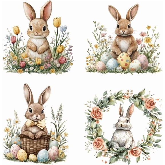 4 Pcs Iron on Decals Patches 4 Sizes Cute Bunny Iron on Stickers Eggs Rabbits Flower Transfer Stickers Plastic Washable Patches