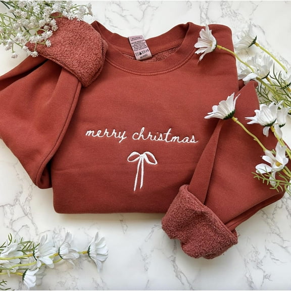 Embroidered Minimal Merry Christmas Sweatshirt Christmas Coquette Christmas Bow Sweater Personalized Embroidered Holiday Sweater