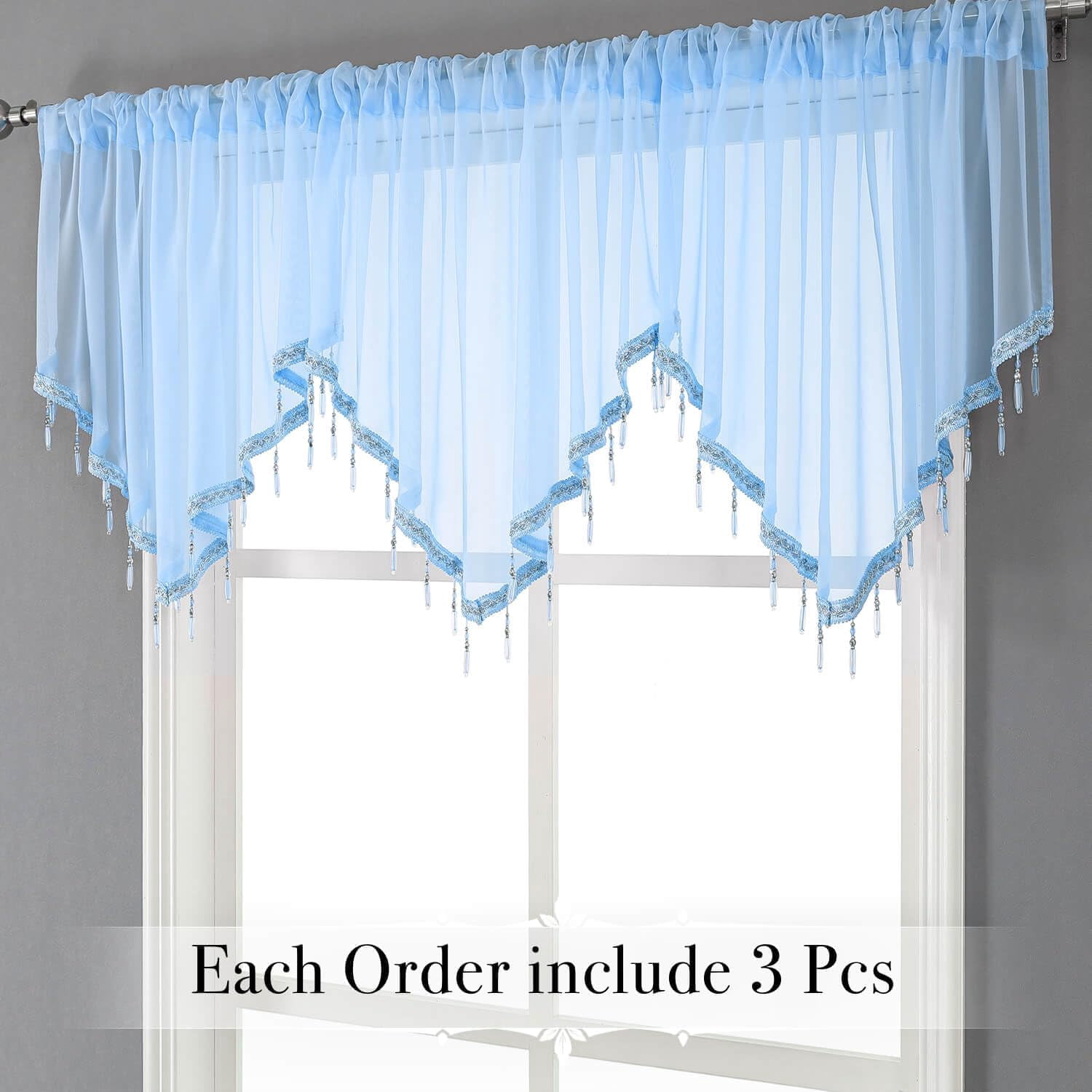 Kiibsot 3-Pack Halloween Beaded Sheer Valance Curtains for Windows, Triangle Sheer Voile Kitchen Swag Curtain Valances Boho Bead Tassels Window Valances for Bedroom Living Room, Each 51 x 24 Inch