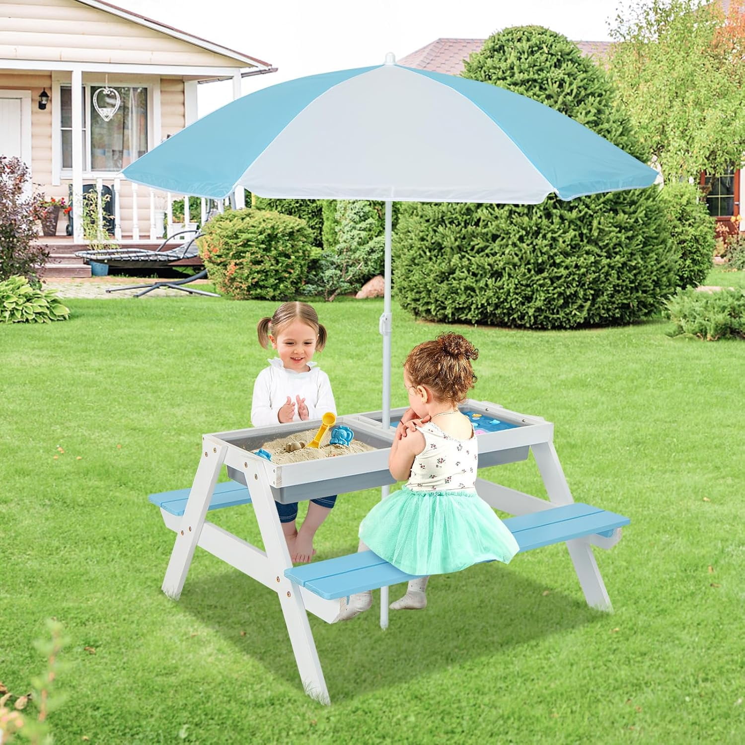DORTALA Kids Picnic Table, 3-in-1 Water & Sand Activity Table with Height Adjustable Umbrella & Removable Tabletop, Outdoor Wooden Bench & Table Set for Toddler, for Garden, Yard & Patio, Blue
