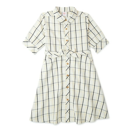 Wonder Nation Girls Collared Shirt Dress with Elbow Sleeves, Sizes 4-18 & Plus