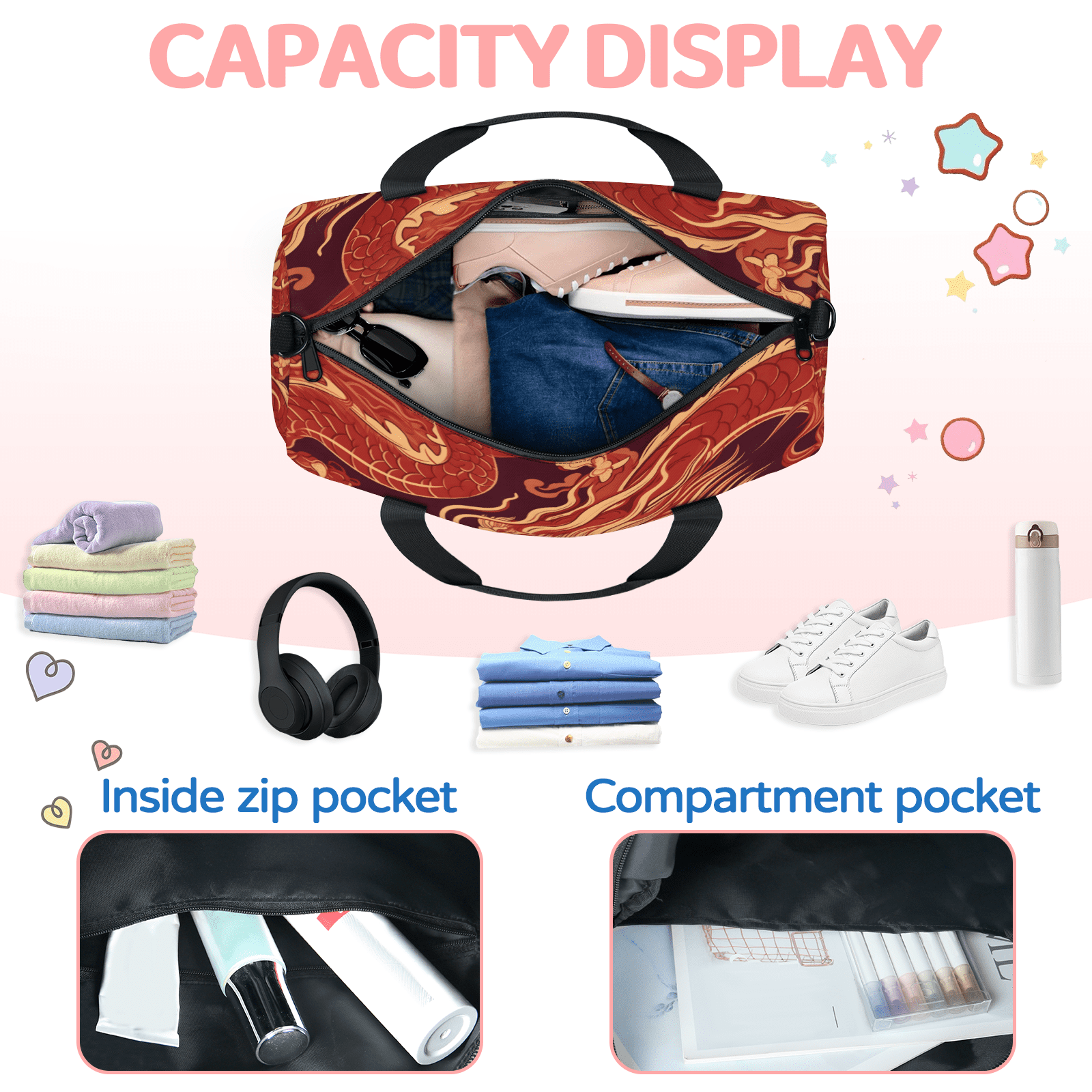 Herdesigns Japanese Red Dragon Gym Bag for Women, Duffle Bag for Travel Sport, Lightweight Waterproof Carry on Weekender Overnight Dance Yoga Workout Bags