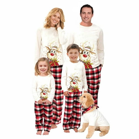 

wsevypo Matching Family Pajamas Sets Christmas PJ s Santa Claus Elk Cartoon Print Top and Plaid Pants Jammies Sleepwear