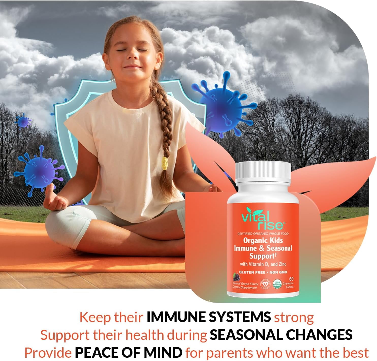 Vital Rise Organic Kids Immune Support Chewable Tablets, Sugar-Free Grape Flavor, Vitamin C, Vitamin D3, Zinc & Elderberry, USDA Organic, Vegan Supplement for Kids Ages 4+