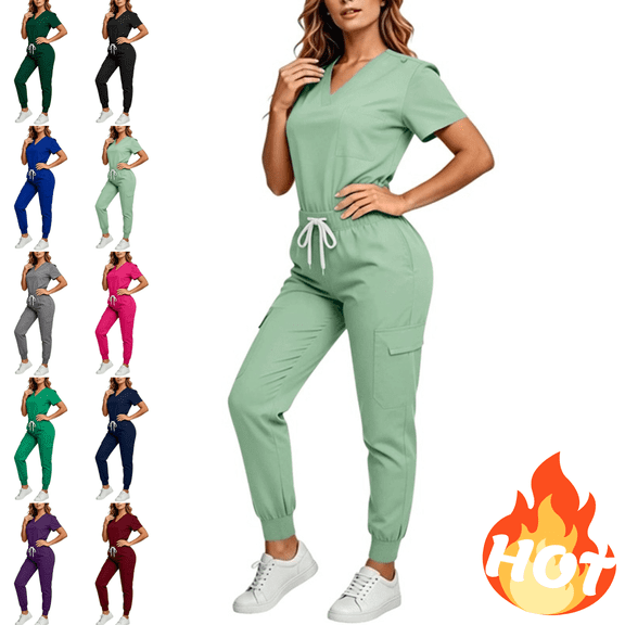 Mifsaly Womens Scrub Sets V Neck Short Sleeve Tops and Drawstring Cargo Joggers Lightweight Breathable Medical Nursing Uniform with Multi Pockets Green,XL