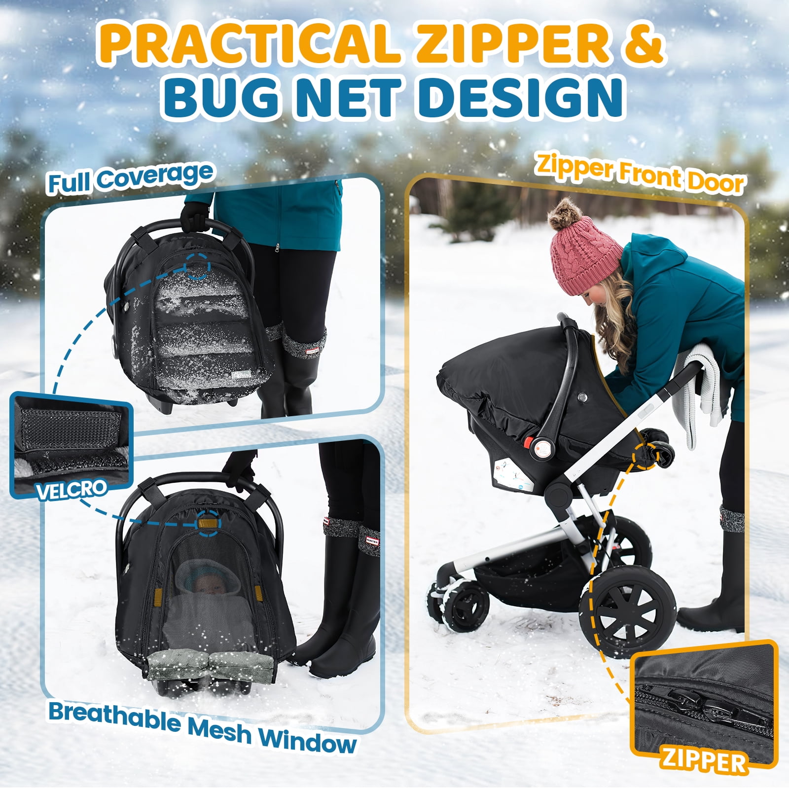 Orzbow Winter Car Seat Cover for Babies, Waterproof Carseat Canopy Cover with Peep Window of Breathable Mesh, Warm and Cozy Baby Car Seat & Carrier Covers for Cold Weather, Machine Washable, Black