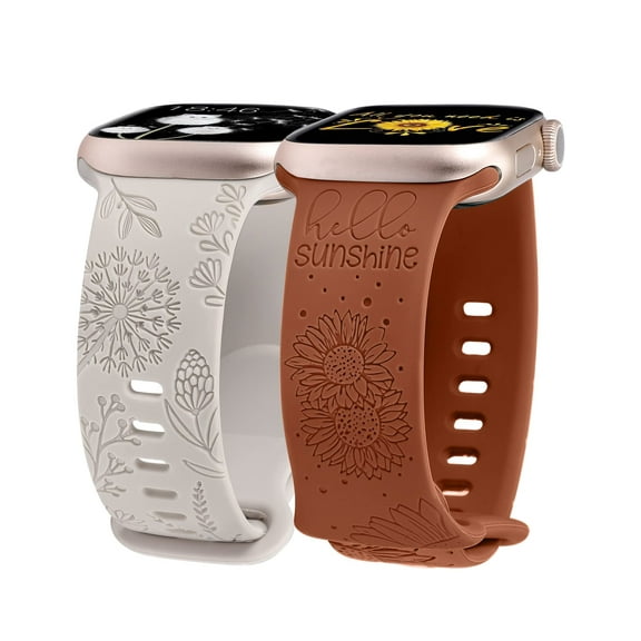 Wearlizer 2 Packs Floral Engraved Band Compatible with Apple Watch 38mm 40mm 41mm 49mm 45mm 46mm 44mm 42mm Women, Silicone Dandelion Sunflower Design Strap for iWatch Ultra Series SE/10/9/8/7/6/5/4/3