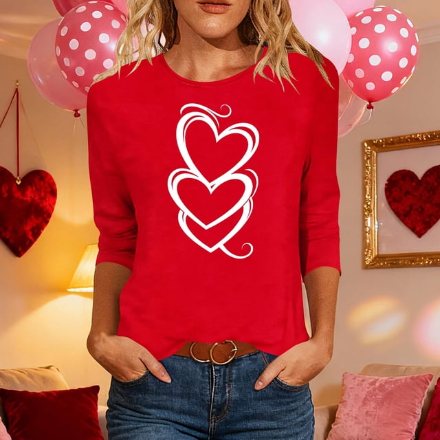 TaTaai Women's A 3/4 Sleeve Christmas Printed Round-neck Top Gift
