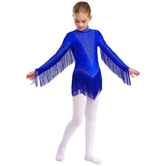 Doomiva Kids Girls Shiny Sequins Fringe Leotard Tassel Long Sleeve Jazz Latin Dance Bodysuit Tops Ballroom Dancewear Blue 14