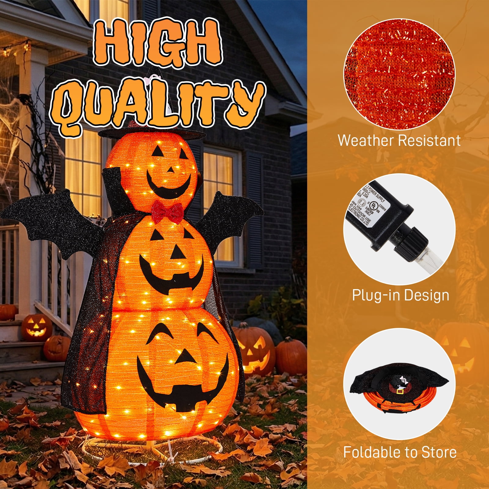 Astoutdoor 5 ft Orange 3-Tier Retractable Fabric Pumpkin Halloween Light Decor with Cape and Wings, 130 Warm White LED String Lights, 4.5V 3.6W