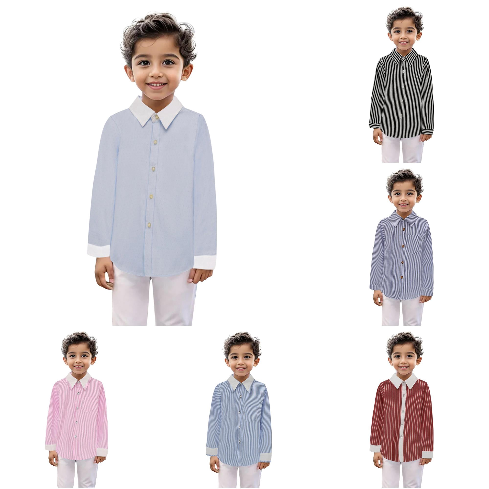 YMNXA Toddler Little Boys Shirts Striped Print Lapel Long Sleeve Button Down Breathable Lightweight Blouse Top For Casual Daily Wear Light Blue 5-6 Years