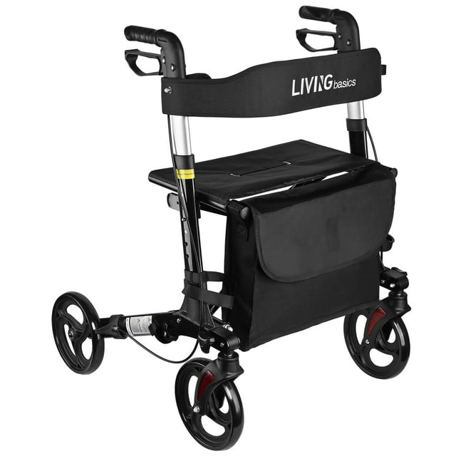 Déambulateur à Pliage à une Main pour Aînés et Adultes avec Roues de 8 Po, Siège et Dossier, Déambulateur Roulant en Aluminium avec Poignée Ajustable, Sac de Rangement