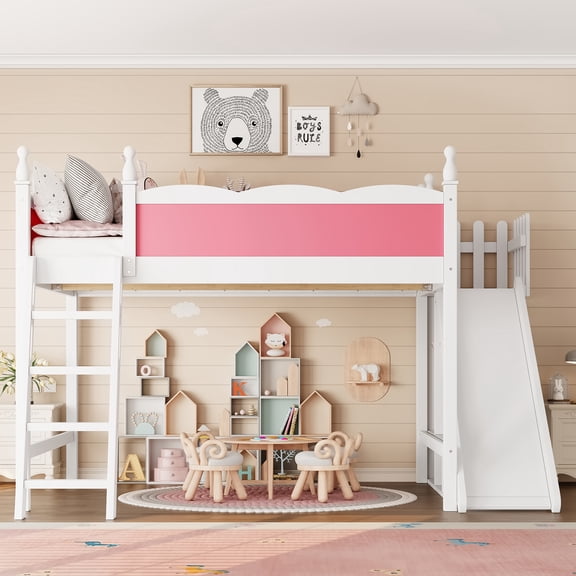 Harper & Bright Designs Queen Size Loft Bed with Wardrobe and Storage Shelves, Solid Wood Loft Bed Frame with Detachable Slide and Ladders, Pink White