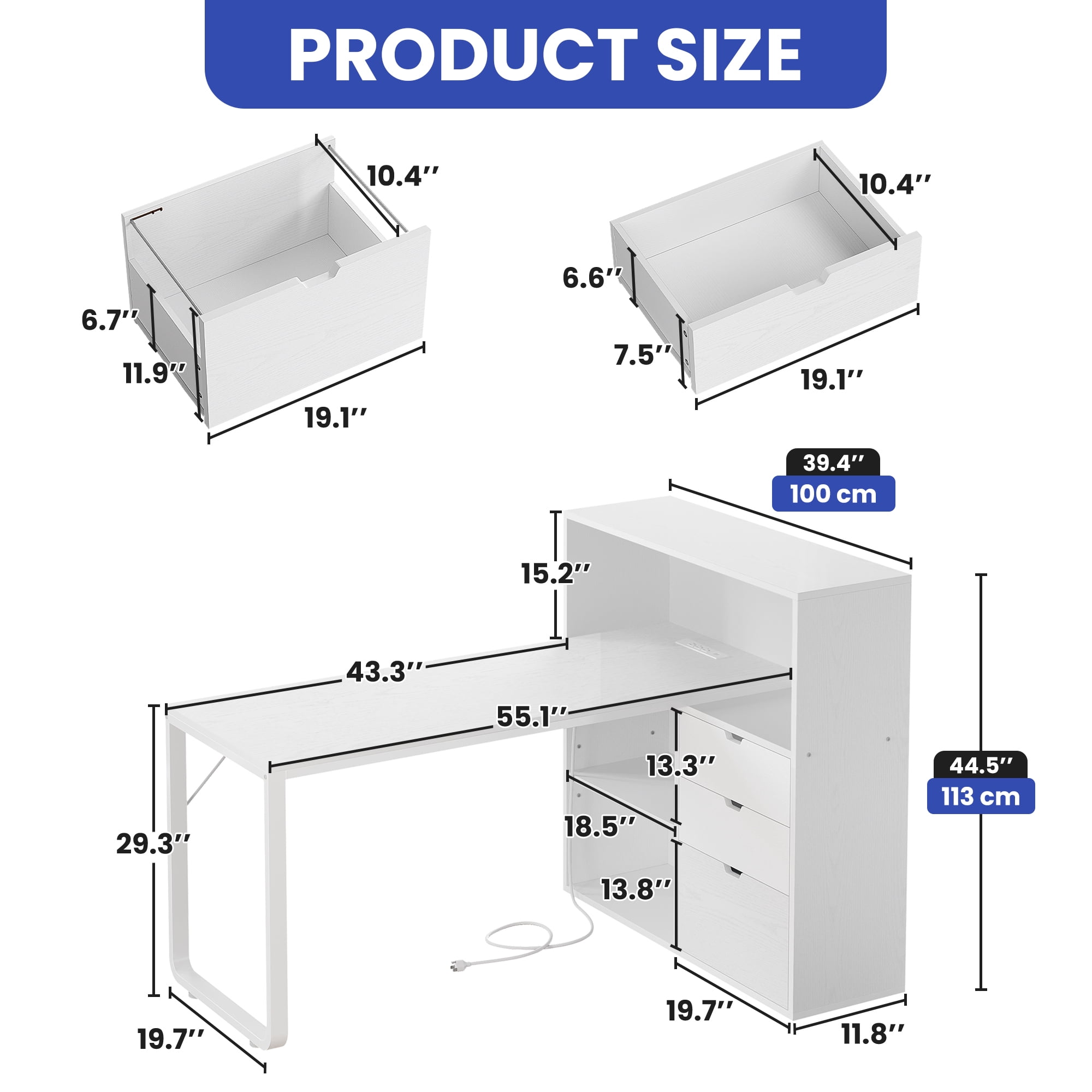 ModFusion 55" L Shaped Corner Computer Desk with Power Outlets, LED Lights, 3 Drawers and Bookshelf, White