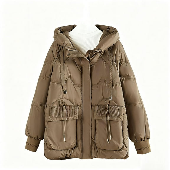 Hvyesh Winter Coats for Women Warm Full Zip Hooded Puffer Jacket Thicken Padded Coat Outwear With Hood Khaki XXL