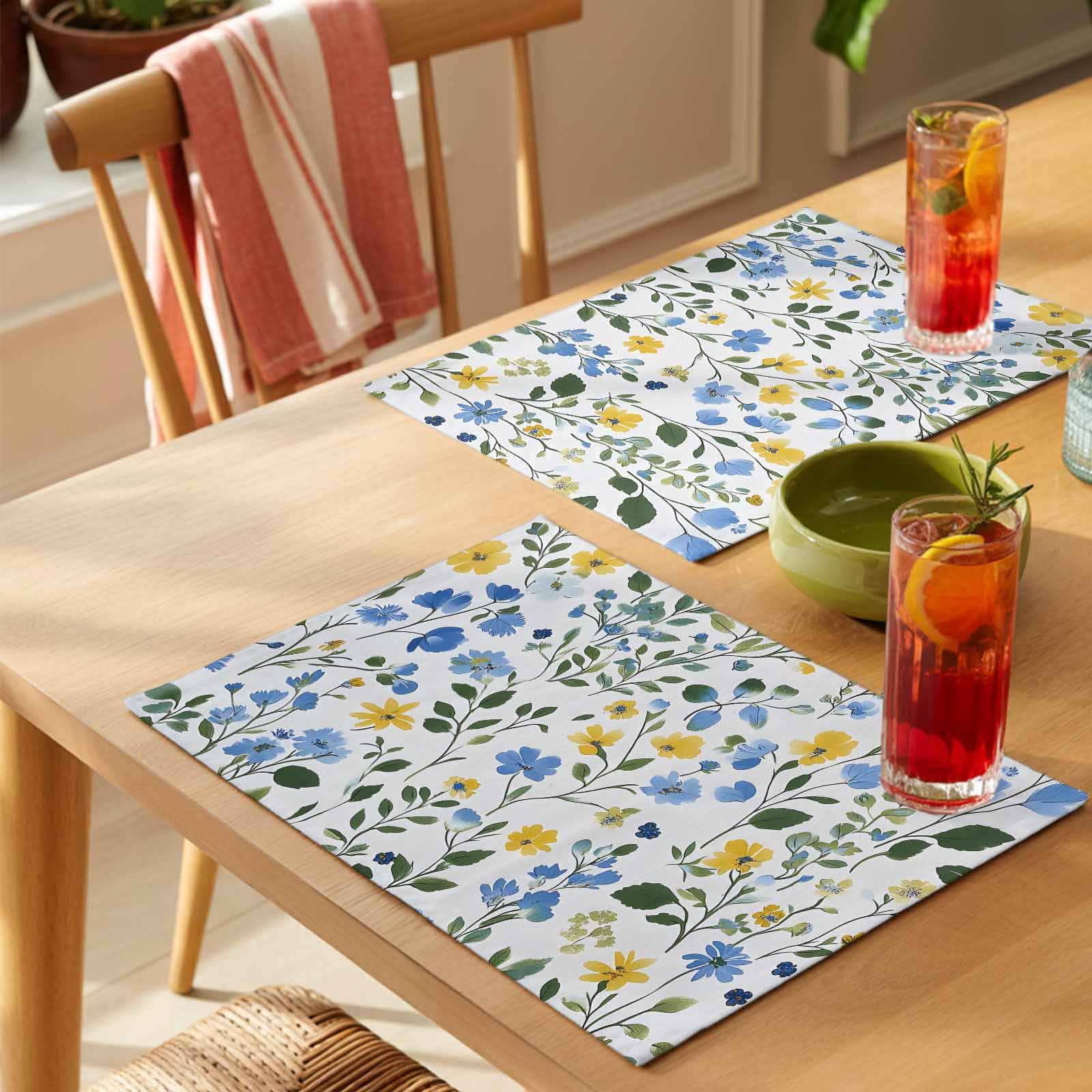 Placemat Set of 6 Yellow Blue Floral Leaf Placemats for Dining Table Wildflowers Plant Washable Table Mats for Kitchen and Party Decor Indoor & Outdoor Use