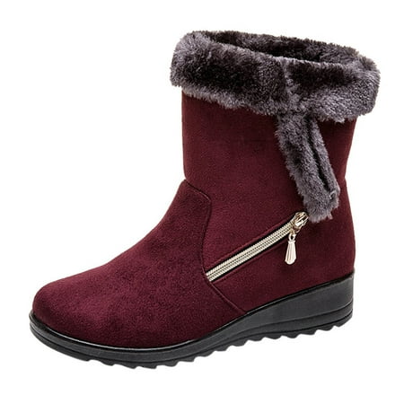 

GNEIKDEING Women Winter Flock Wedges Zipper Keep Warm Snow Boots Comfortable Mid Boots Shoes Gift on Clearance