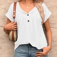 thumbnail image 4 of Women's Curved Hem Short Sleeve Shirts Summer Soft Pleated Scoop Neck Button Down Shirt Loose Fit Casual Daily Wear Tops White, 4 of 8