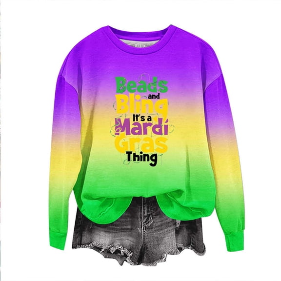 xixinqiwan Women Mardi Gras Clothing,Round Neck Long Sleeve Loose Tops Fat Tuesday Carnival Tee New Orleans Party