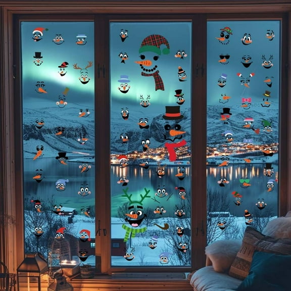 109pcs Window Clings Cute Snowman Face Window Stickers Party Decals Non Adhesive Vinyl Snowman Sticker Kids' Room Christmas Winter Hone Decoration Stickers Christmas Clings