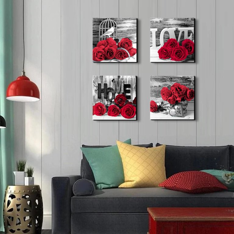 Red Wall Art Ruby Red Rose Flower Picture Wall Decor for