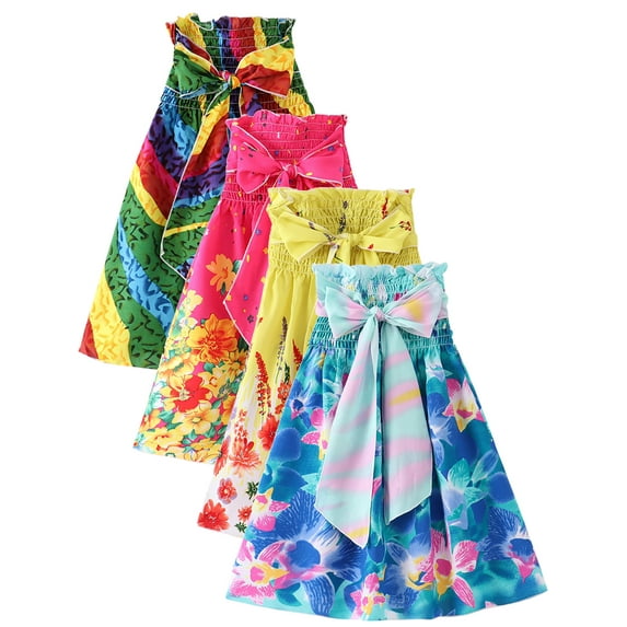 2-8T Kids Toddler Girls Bohemian Flowers Bowknot Sleeveless Beach Strapless Dress Halter Sundress
