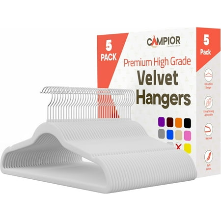 White Velvet Hangers 5 Pack – Heavy-Duty 11 lbs Capacity, 360° Swivel Hook, Non-Slip & Space-Saving Design – Smooth Velvet Finish for Crease-Free Clothes & Effortless Closet Organization