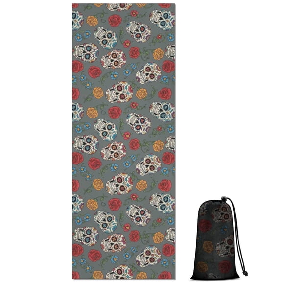 Gray Flower Skull Pattern Hot Yoga Mat Towel Non Slip for Hot Yoga - Quick-Drying Yoga Mat Cover with 4 Corner Pockets with Travel Bag - Hot Yoga Towel Non Slip Grip Moisture Wicking Sweat 70"x26"