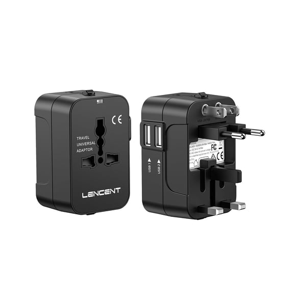 Adaptador Universal de Viaje LENCENT Negro Todo en Uno con Enchufe Tipo A/C/G/I y 2 Puertos USB Comp