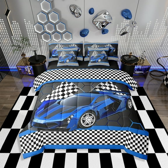 Erosebridal Race Car Twin Comforter Set with Sheets Black White Checkered Flag Print Bed in a Bag Extreme Sports Bedding Set 7 Piece Honeycomb Speed Sports Car Blue Bed Set