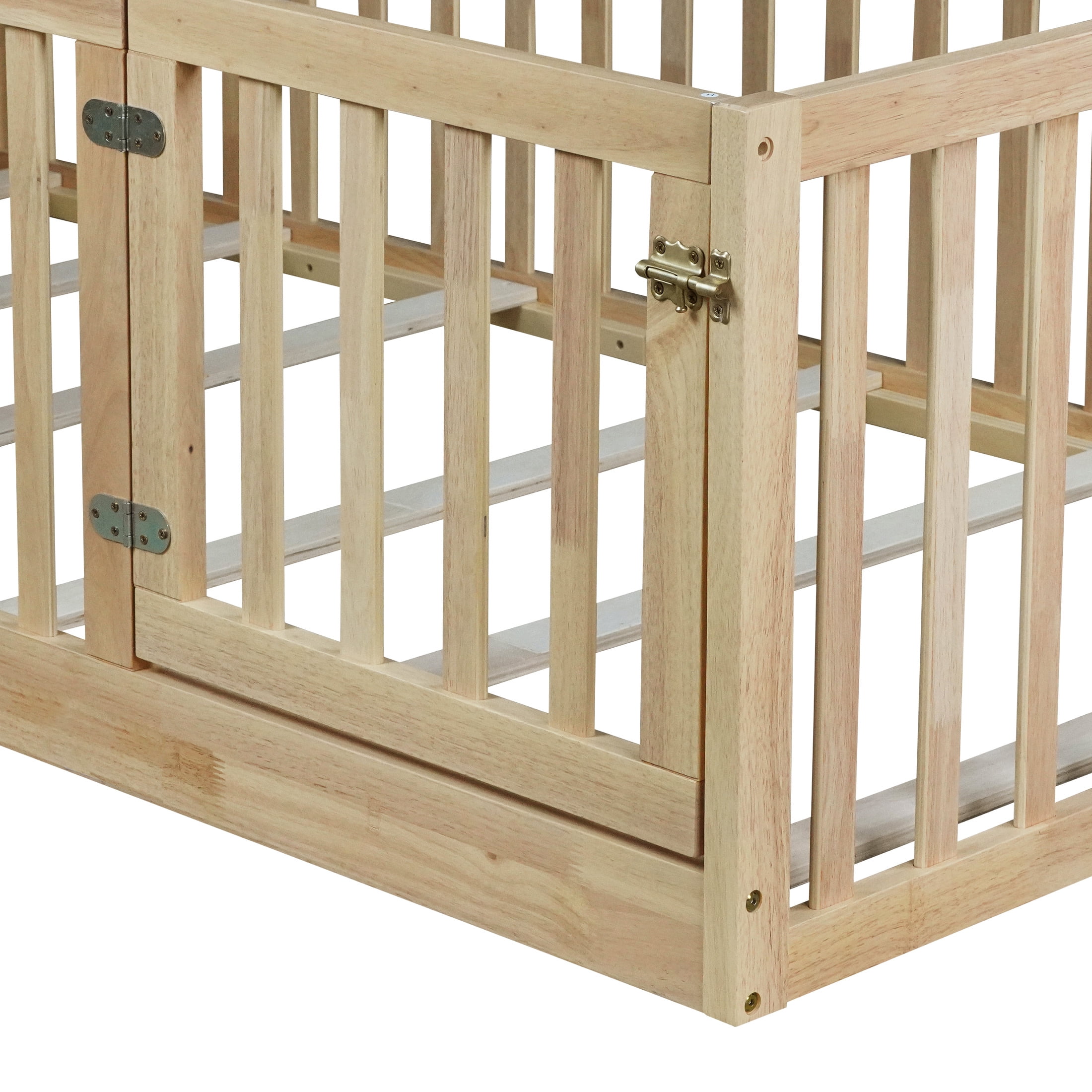 Noble House Nira Twin Floor Bed with High Fence and Door, Rubber Wood Montessori Bed Frame, Kids' Room, Natural