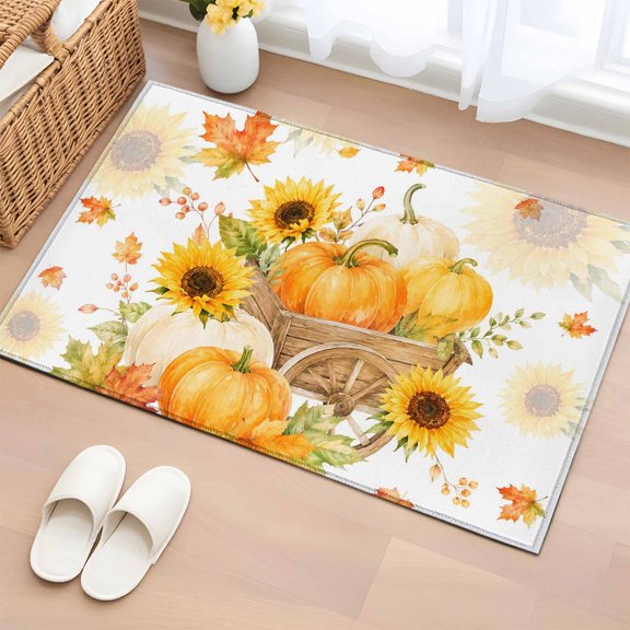 Thanksgiving Fall 2'x3' Washable Rug,Watercolor Pumpkin Sunflowers Maple Leaf Non-Slip Doormat Area Rugs for Entrance Bathroom Bedsides,Front Doormat Carpet for Kitchen Bedroom,Entryway Floor Mat