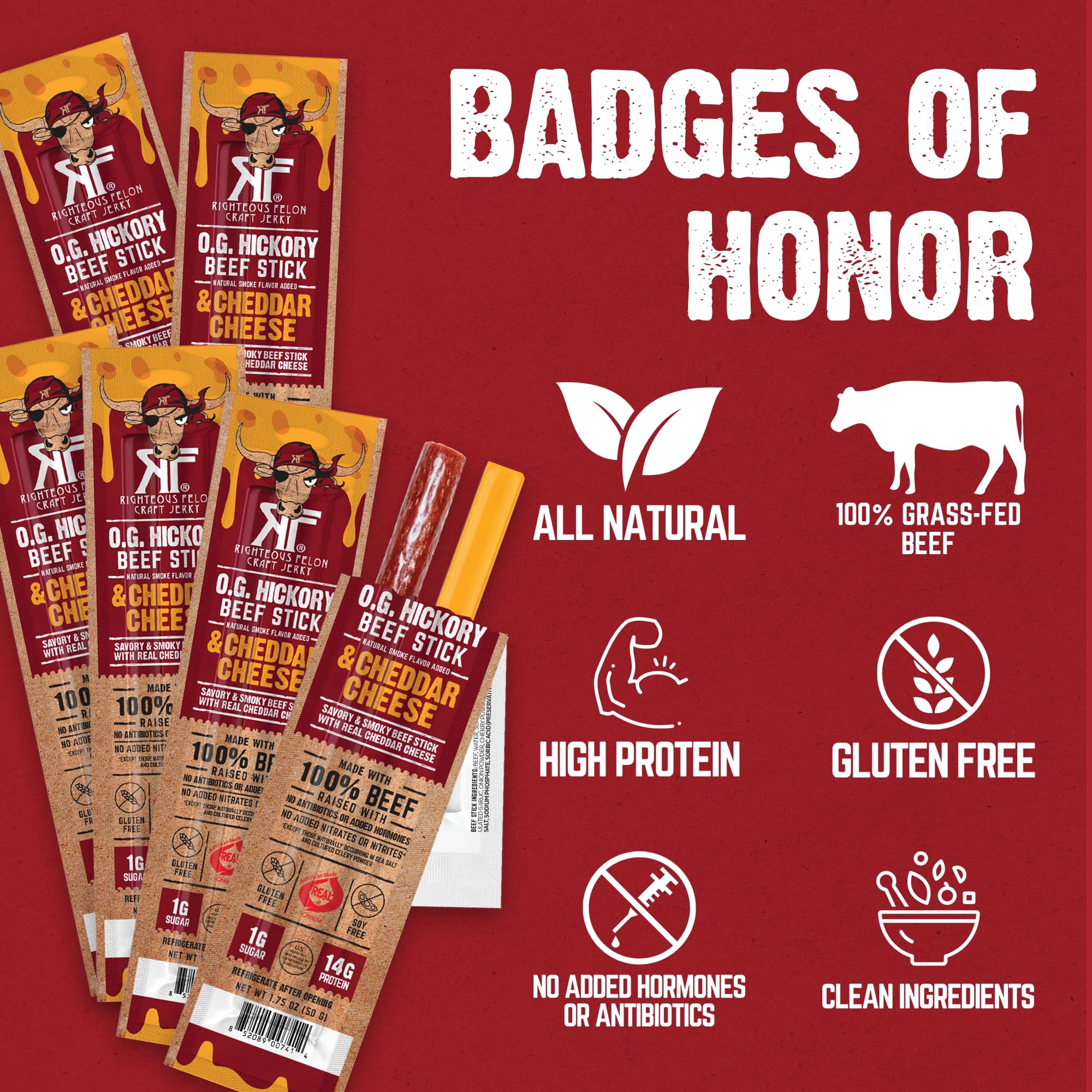 Righteous Felon O.G. Hickory Beef & Cheddar Cheese Sticks, 14g Protein, 100% Grass-Feed - 10 Combo Sticks