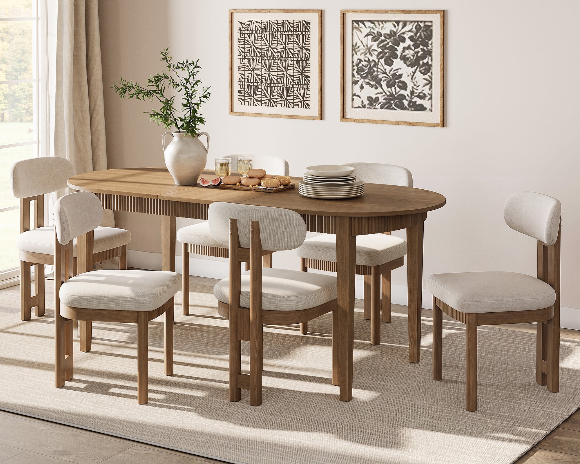 7 Piece Modern Dining Table Set, 73" Solid Wood Oval Dining Table with 6 Polyester Chairs, Dining Set with Fluted Apron for Kitchen & Dining Room