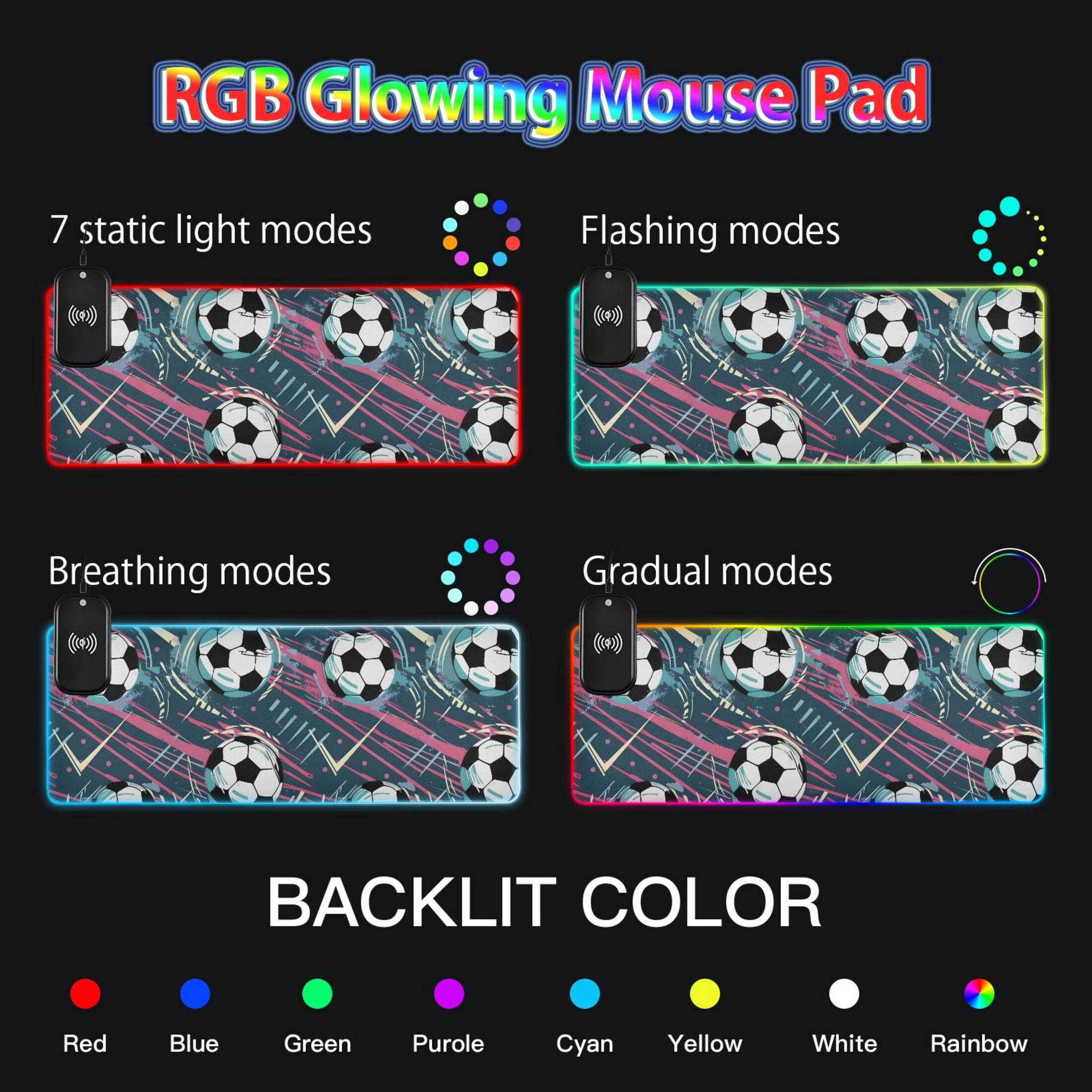 Wireless Charging Mouse Pad Large RGB Gaming Desk Mat 13 Light Modes Mousepad 31.5x11.8 Soccer Balls