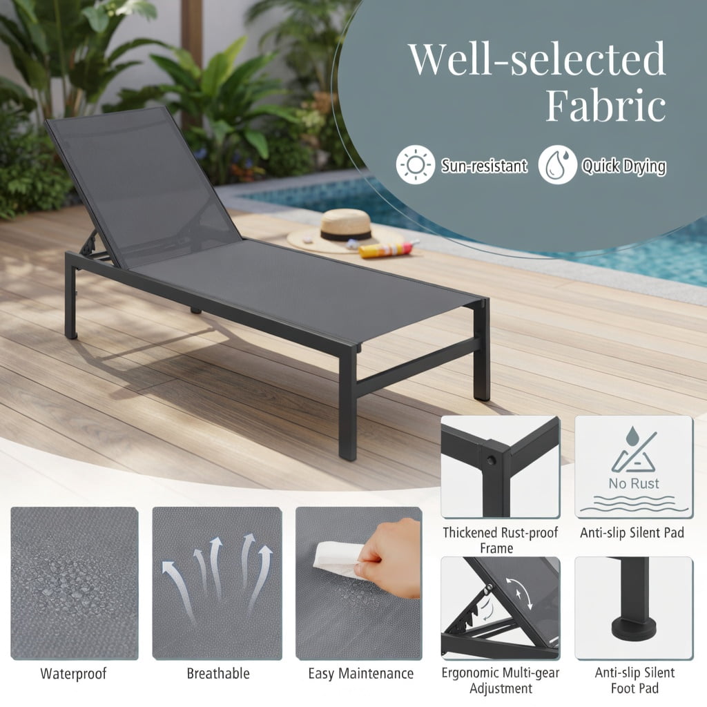 Hommoo 6-Position Adjustable Aluminum Chaise Lounge Chair, Rustproof, Lightweight, Flat-Lay Design for Patio, Poolside & Backyard, Gray