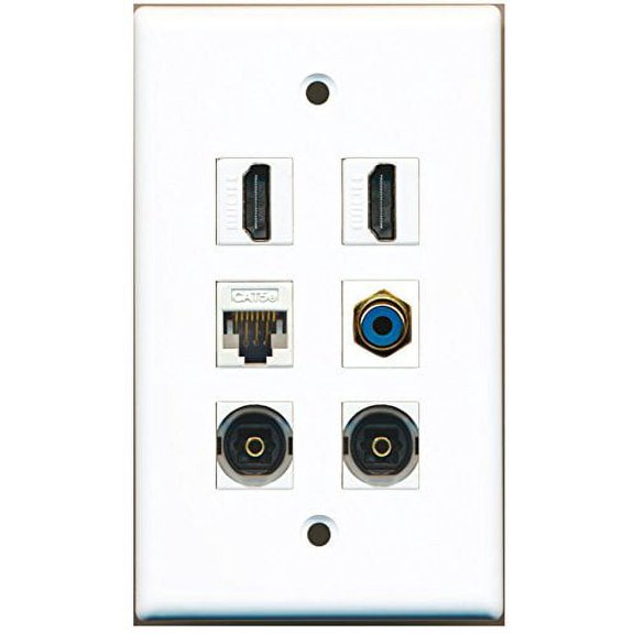 RiteAV - 2 HDMI 1 Port RCA Blue 2 Port Toslink 1 Port Cat5e Ethernet White Wall Plate