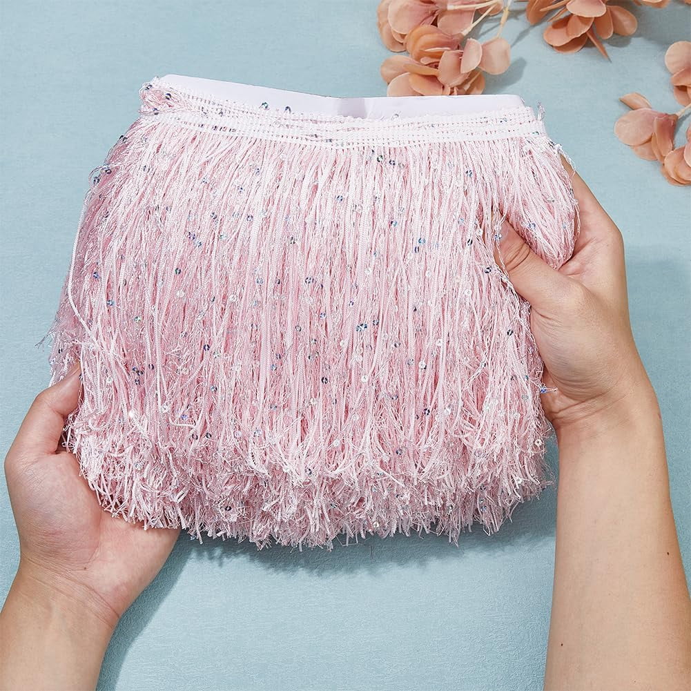 10.94 Yards Fringe Lace Trim 7-7/8 Inch Sequins Chainette Fringe Pink Tassel Sewing Ribbon Long Sparkling Fringe Trimming