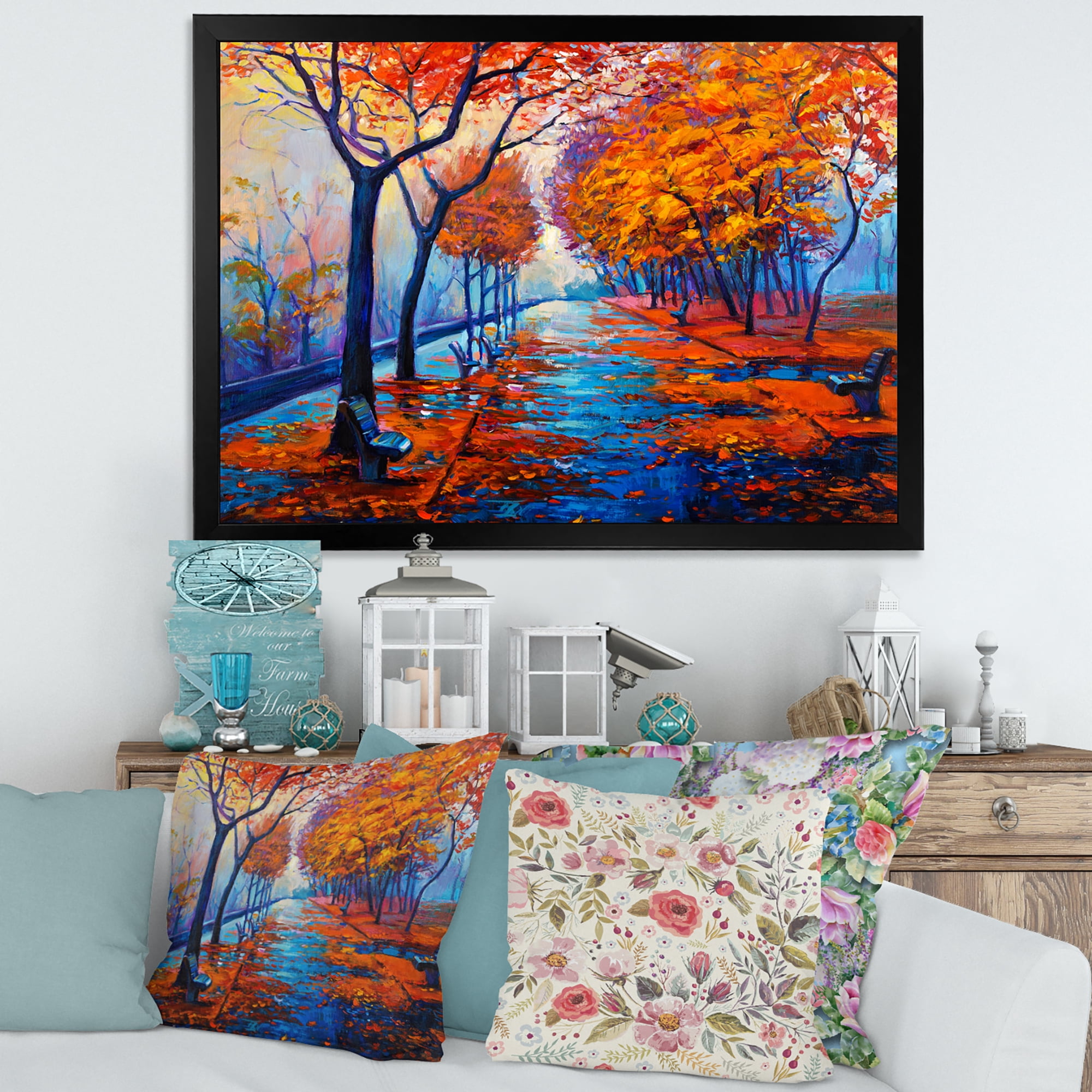 Designart 'Orange Autumn Landscape With Little Road III' Traditional Framed Art Print