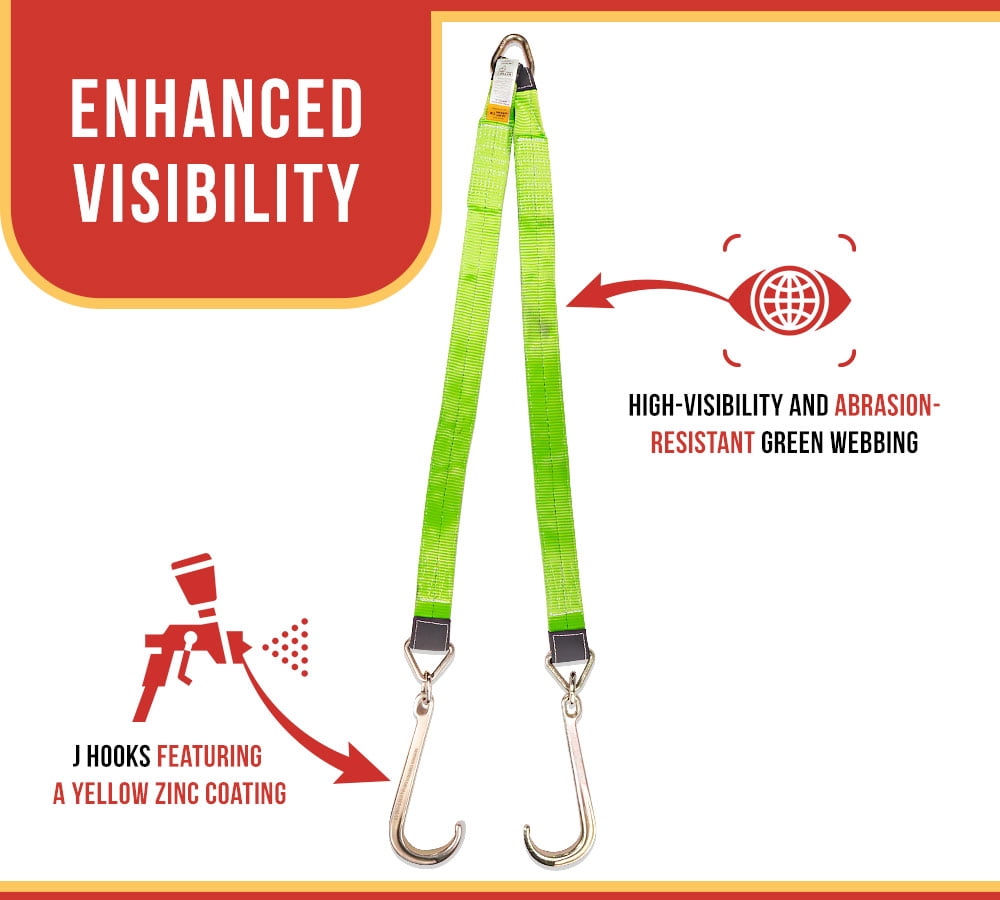 3" x 48" V Bridle Tow Straps w/ 15" J Hook, Hi-Viz Green Polyester Webbing, 5400 lbs WLL, Recovery V Strap w/Reinforced Webbing for Towing, Wrecker, Rollback, Car Hauler