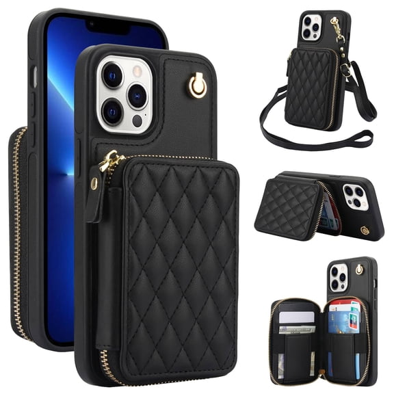 Crossbody Wallet Case for iPhone 13 Pro Max, RFID Blocking Zipper Handbag Purse Flip Cover, Kickstand Folio Case Card Slots Holder Wrist Strap Lanyard